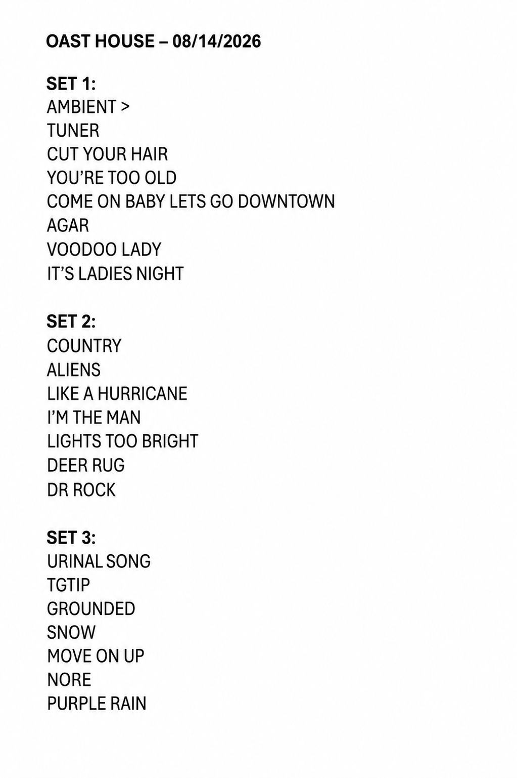 PALOOKA set list from their August 14, 2026 performance at Niagara Oast House Brewers