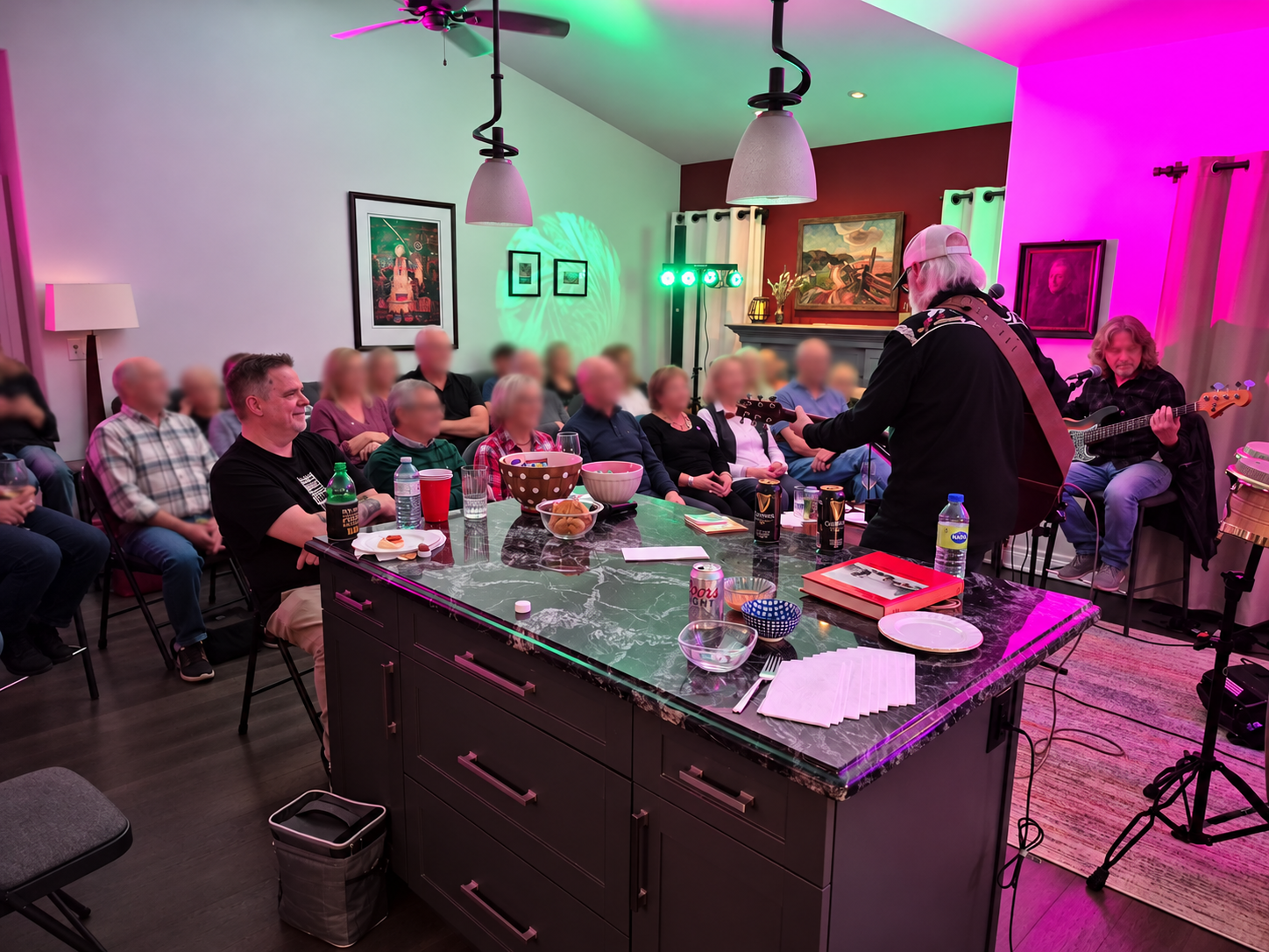 A view of an unusually intimate concert, with thirty-one guests gathered in Bob and Carol's home.
